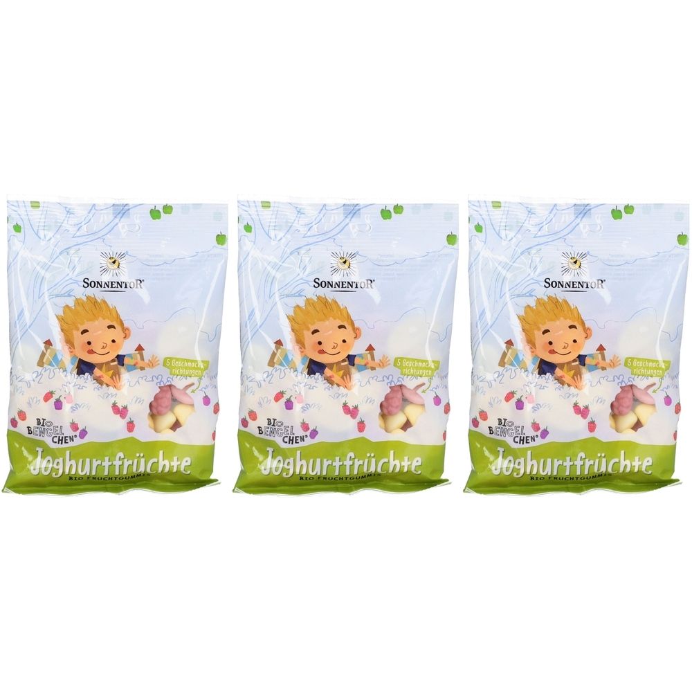 Drei Beutel SonnentoR BIO Bengelchen Joghurtfrüchte. Jedes Paket zeigt ein Kind, das auf einer weißen Masse mit Früchten sitzt.