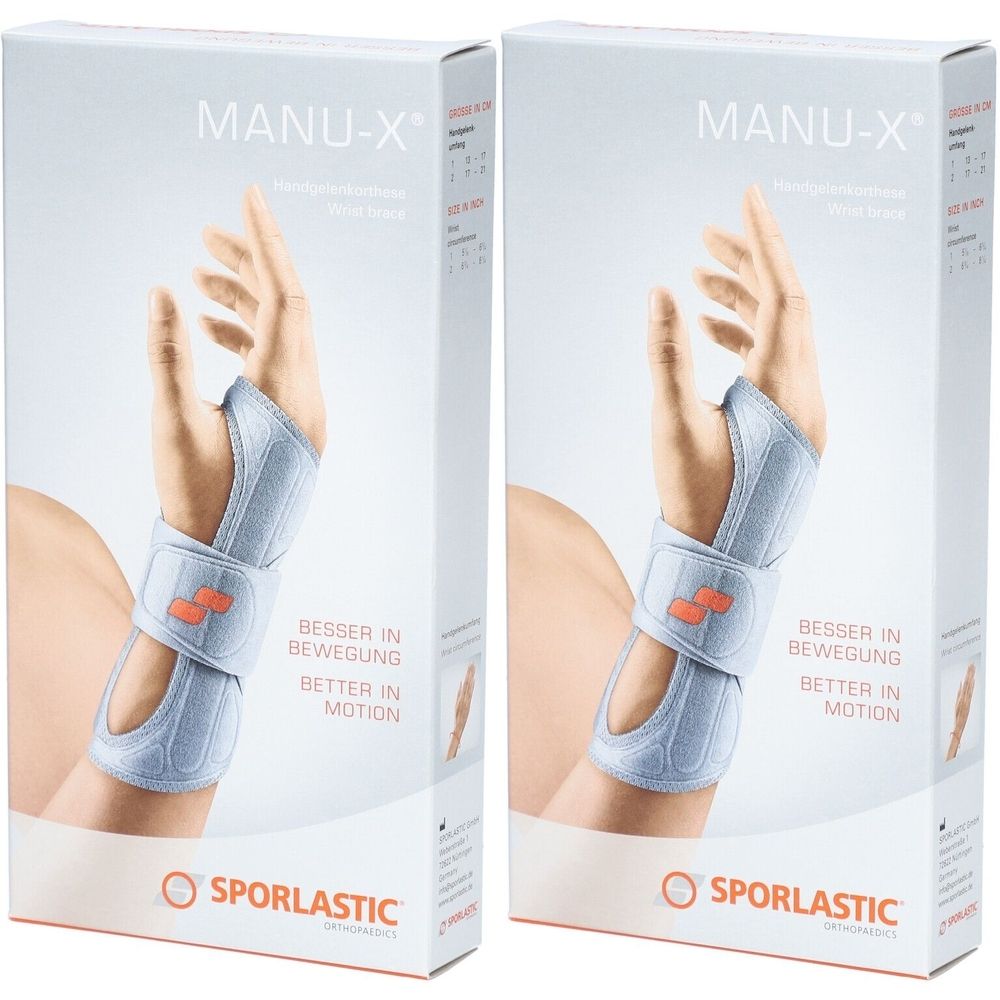 Emballage de l'orthèse de poignet Sporlastic Manu X. Une main avec une orthèse est illustrée. Inscriptions : MANU-X, BESSER IN BEWEGUNG, SPORLASTIC.