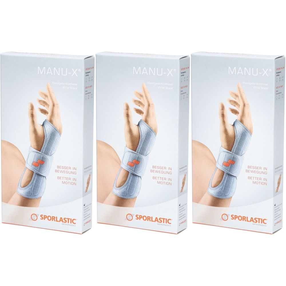 Trois boîtes de produit avec attelle de poignet. Sur chaque boîte, une main avec attelle est représentée. Inscription : MANU-X, SPORLASTIC.