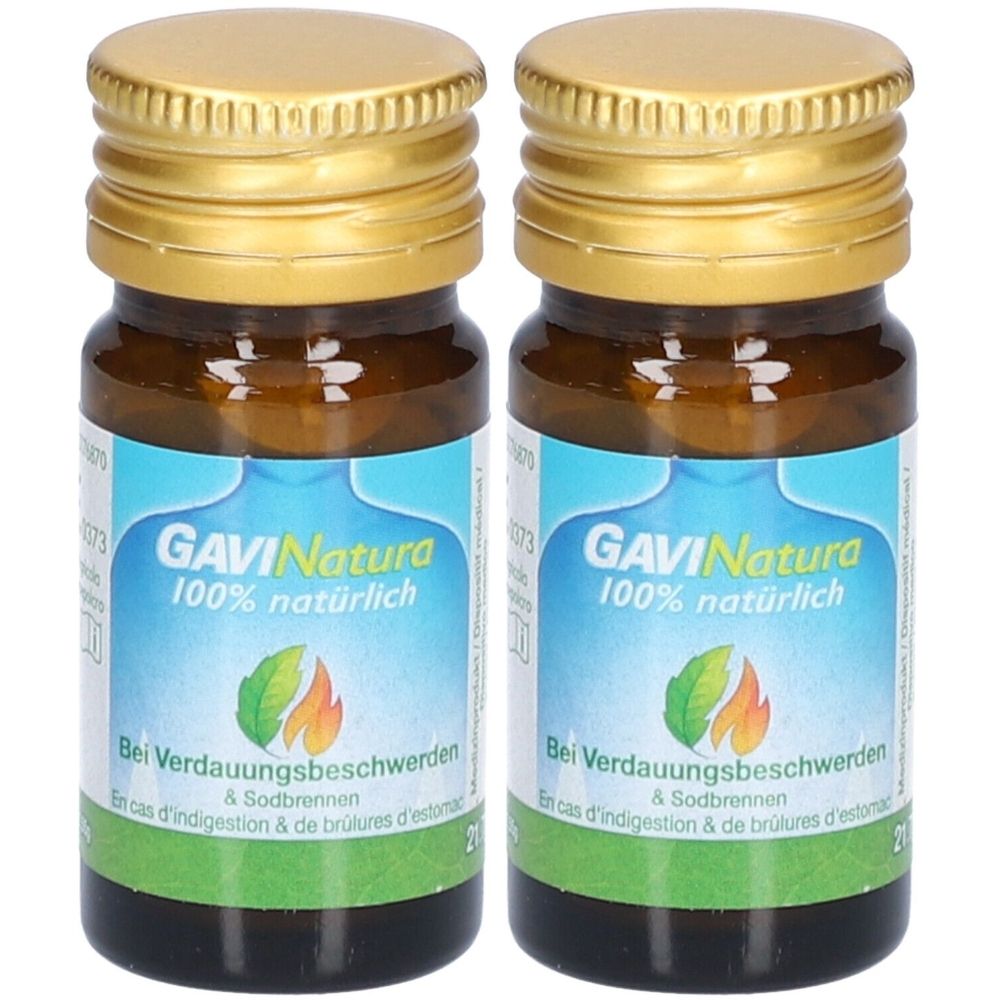 Deux flacons de comprimés à sucer Gavinatura. Flacons en verre brun avec bouchons dorés et étiquettes bleues. Inscription : 100% naturel.