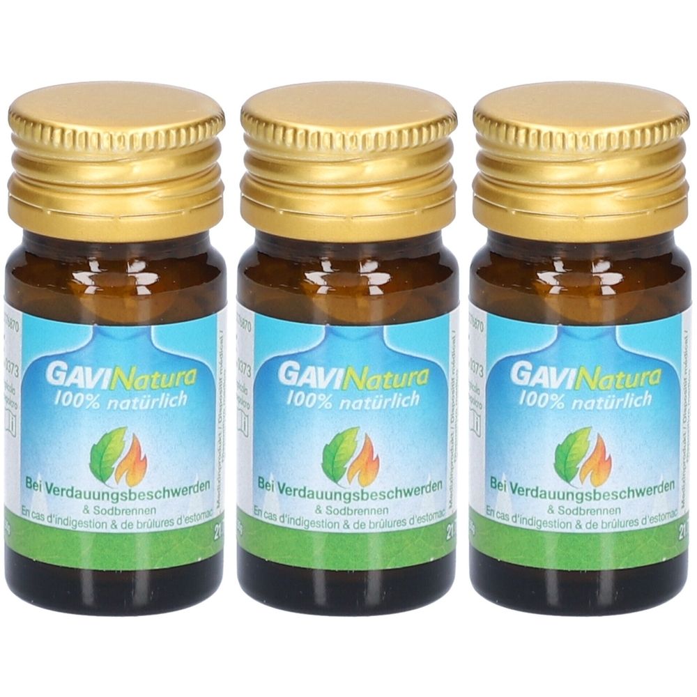 Trois flacons en verre brun avec des couvercles dorés. Les étiquettes indiquent "GAVINatura 100% naturel" et des informations sur la digestion.