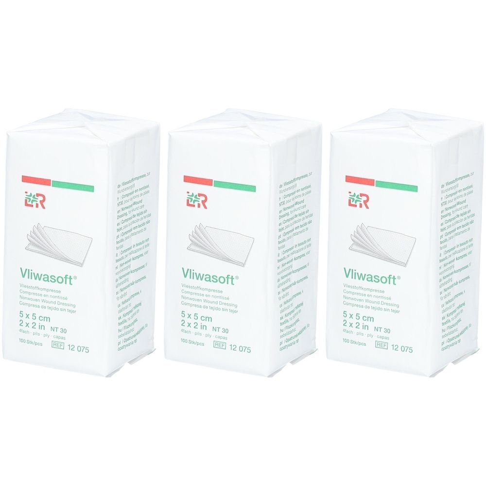 Drei weiße Verpackungen mit Vliwasoft-Kompressen. Auf jeder Packung sind Produktinformationen und das Logo abgebildet. Größe: 5x5 cm.