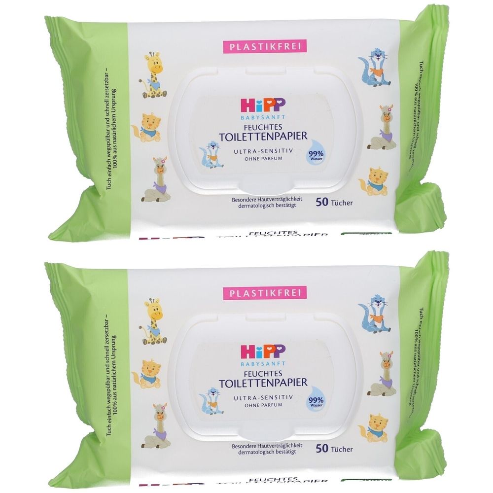 Deux paquets de papier toilette humide. Emballage blanc avec bord vert. Inscription : HiPP Babysanft, ultra sensible, 50 lingettes.
