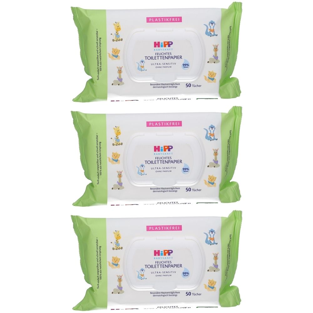 Trois paquets de papier toilette humide. Emballage blanc avec nom du produit et illustrations enfantines. 50 lingettes.