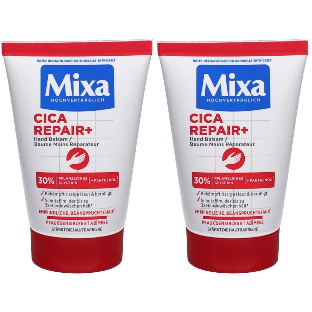 Deux tubes de baume pour les mains. Blanc, avec bouchon rouge. Écriture bleue : Mixa Cica Repair+. Contient glycérine et panthénol. Pour peaux sensibles.