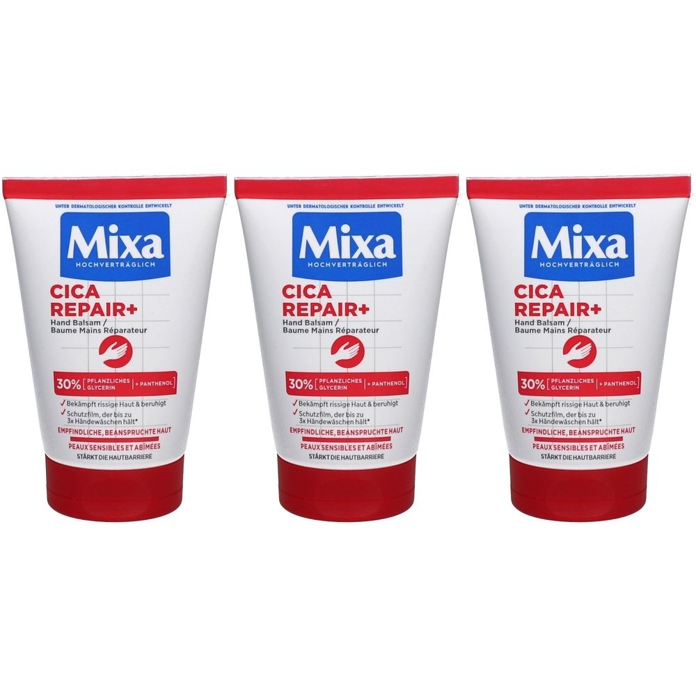 Trois tubes de baume pour les mains. Blanc, avec bouchon et texte rouge. Inscription : Mixa Cica Repair+ Baume Mains.