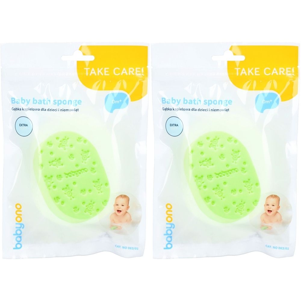 Deux éponges vertes pour bébé dans un emballage plastique. Inscription: Baby bath sponge, Babyono. Avec illustration de bébé.