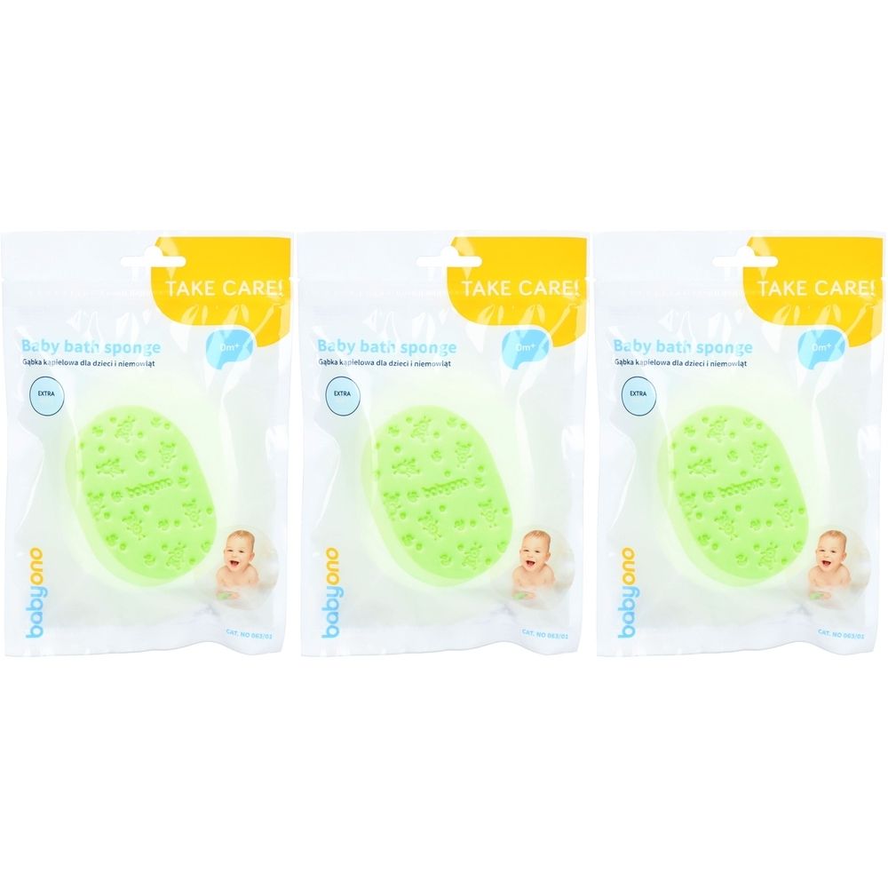Trois éponges Babyono pour bébé, emballées. Éponges ovales vert clair avec texture. Emballage avec inscription TAKE CARE!