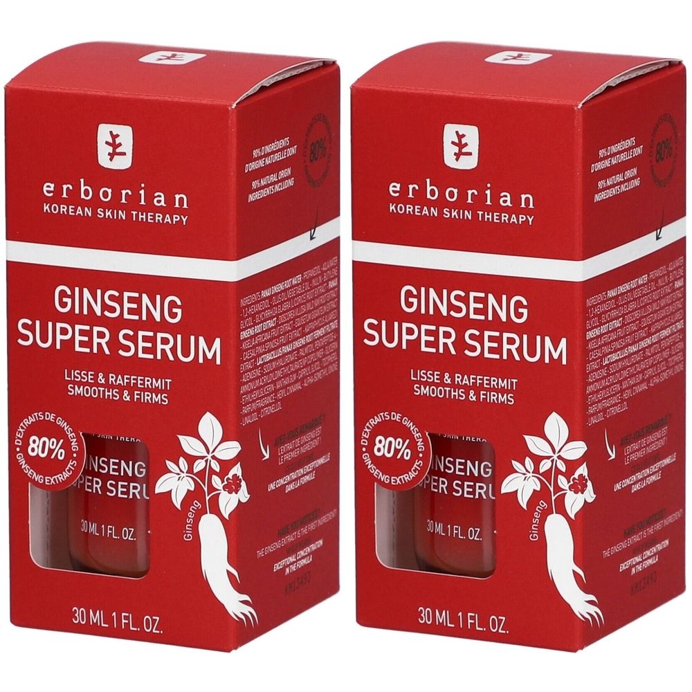 Zwei rote Produktverpackungen. Aufschrift: Ginseng Super Serum, 80% Ginseng-Extrakt. Marke: Erborian.