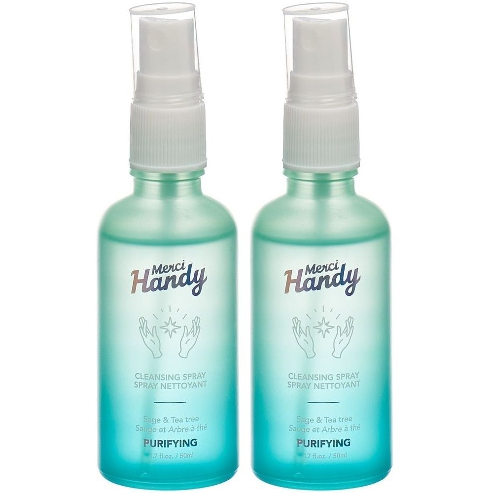 Deux flacons pulvérisateurs bleus et transparents. Inscription: Merci Handy, Cleansing Spray, Purifying. Bouchon blanc.