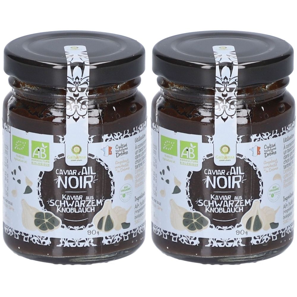 Deux pots de caviar à l'ail noir. Couvercles noirs, étiquettes avec texte et logo. Label AB Bio.