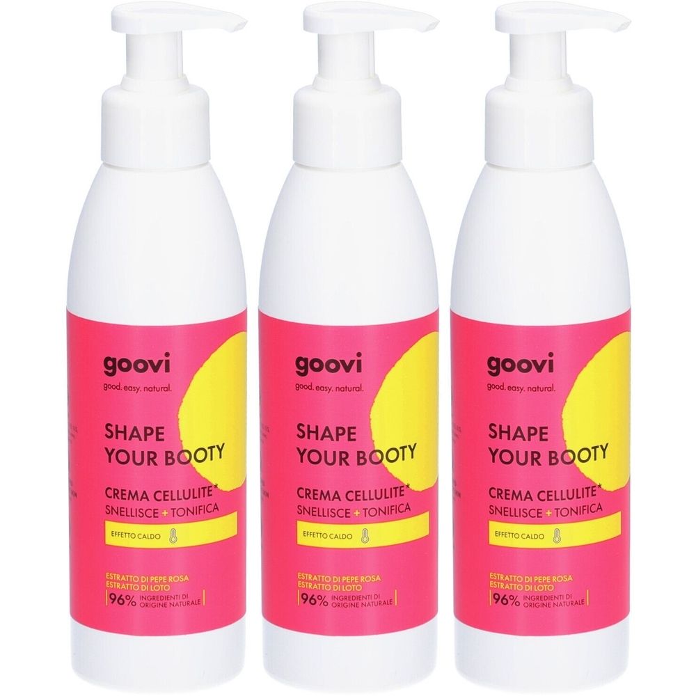 Drei weiße Flaschen mit Pumpaufsatz. Aufdruck: GOOVI, SHAPE YOUR BOOTY, Creme Cellulite. Rosa Etikett mit gelbem Akzent.