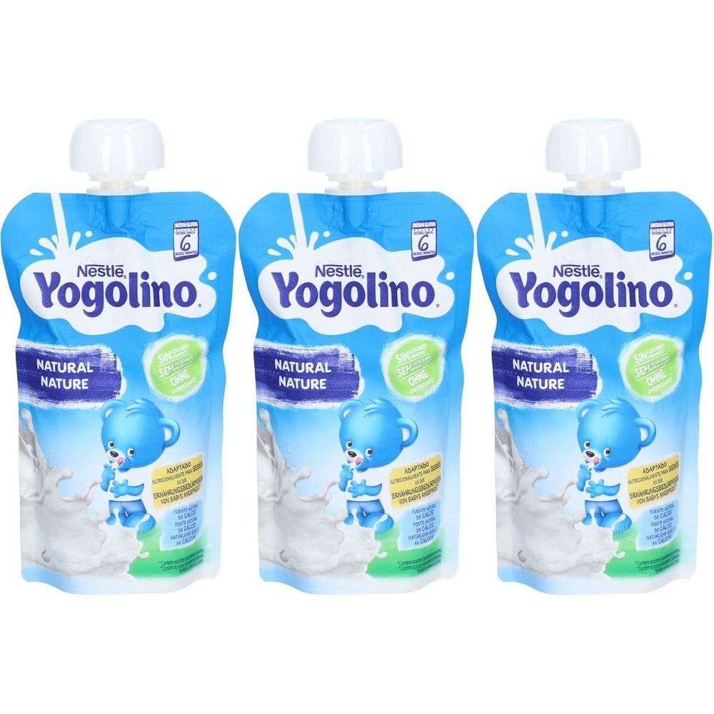 Drei Beutel Nestlé Yogolino Nature, blaue Verpackung mit Bär-Illustration. Mit Aufschrift "6 Monate".