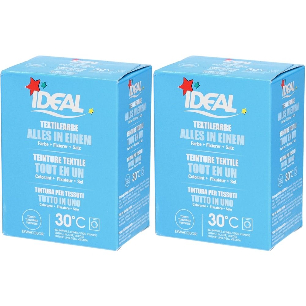 Zwei hellblaue Kartons mit Produktinformationen. Aufschrift: IDEAL Textilfarbe Alles in Einem. Enthält Farbstoff, Fixiermittel und Salz.