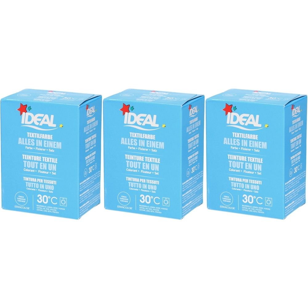 Drei blaue Kartons mit der Aufschrift IDEAL Textilfarbe. Aufdruck: Alles in Einem, 30°C. Türkis für Baumwolle, Leinen & Viskose.