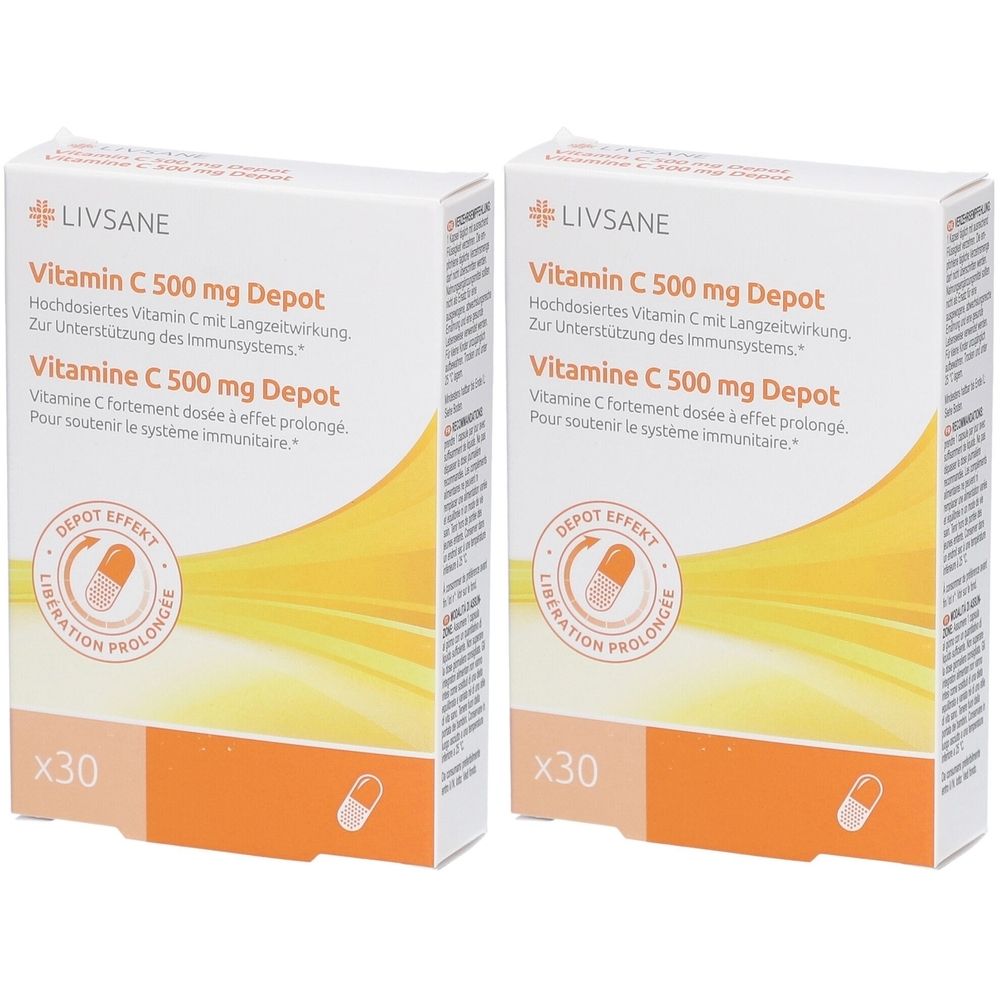 Zwei Schachteln LIVSANE Vitamin C 500 mg Depot. Aufschrift: Vitamin C, Depot Effekt, x30. Weiße Verpackung mit orangefarbenen Akzenten.