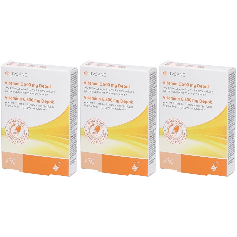 Drei Schachteln LIVSANE Vitamin C 500 mg Depot. Jede Schachtel enthält 30 Tabletten. Aufdrucke in Deutsch und Französisch.