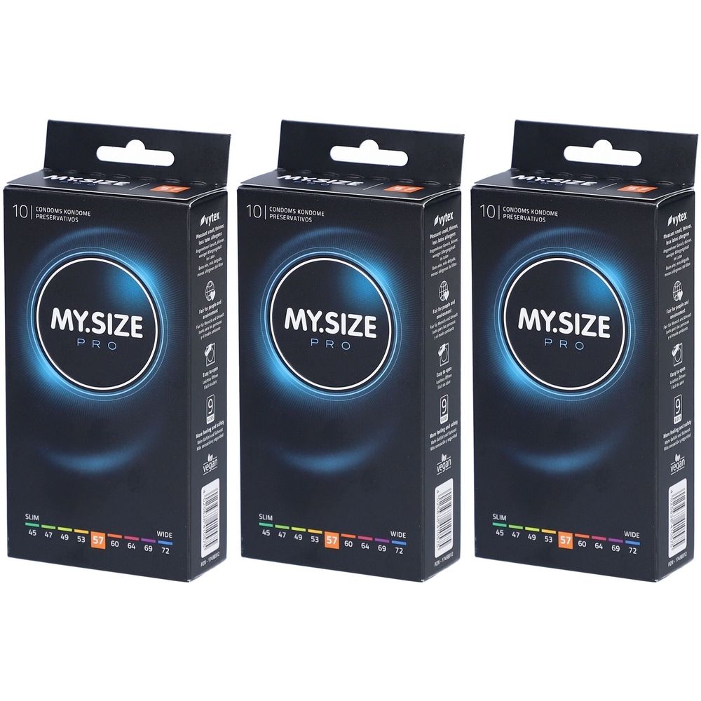 Drei Packungen Kondome. Auf jeder Packung steht "MY.SIZE PRO". Die Packungen sind schwarz mit blauen Akzenten und haben eine Aussparung zum Aufhängen.