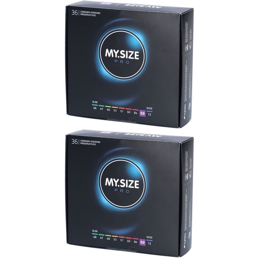 Deux boîtes noires avec MY.SIZE PRO. Chaque boîte contient 36 préservatifs. Des indications de taille sont également visibles.