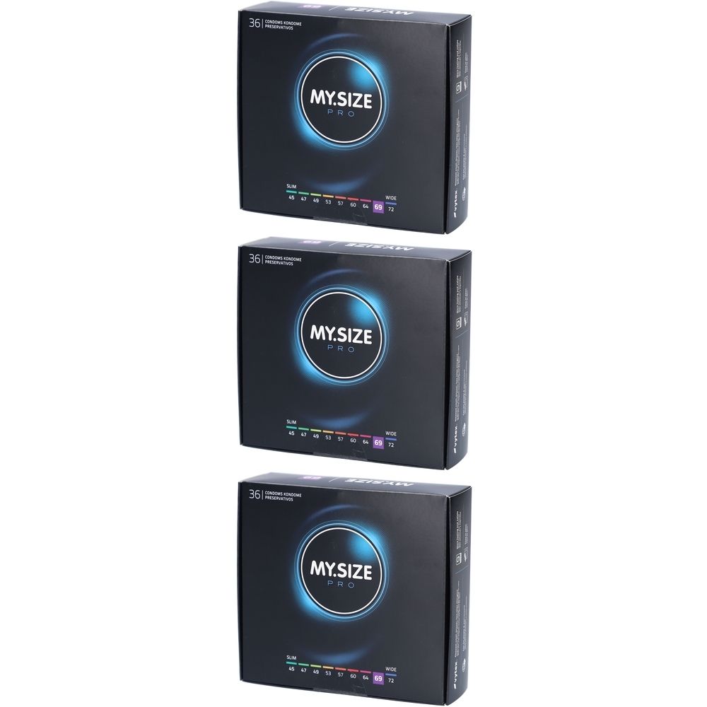 Trois boîtes noires. Chaque boîte affiche "MY.SIZE PRO" et des tailles. En haut à gauche, "36 préservatifs premium".