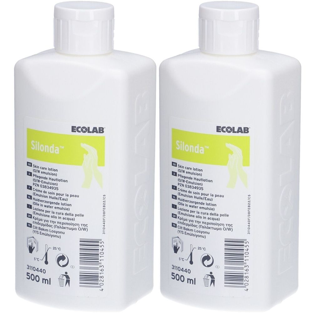 Zwei weiße Flaschen mit grünem Etikett. Aufschrift: Silonda, Ecolab. Enthält Informationen in mehreren Sprachen. 500 ml.