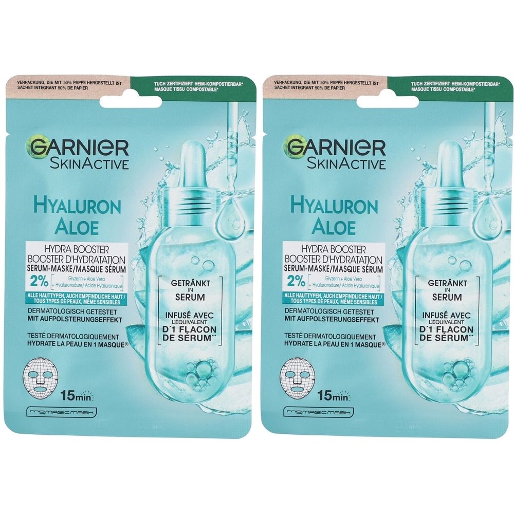 Zwei Garnier SkinActive Gesichtsmasken. Hellblaue Verpackung mit Produktbezeichnung und Abbildung einer Serumflasche. Text: Hyaluron Aloe.