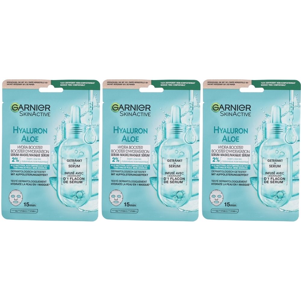 Drei Packungen Garnier SkinActive Gesichtsmaske. Jede Packung zeigt eine Abbildung eines Serums und enthält Text: Hyaluron Aloe, 2%.