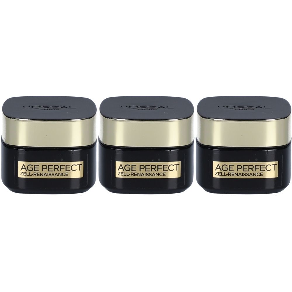 Drei schwarze Tiegel mit goldenen Deckeln. Auf den Etiketten steht "AGE PERFECT ZELL-RENAISSANCE" und "L'OREAL".