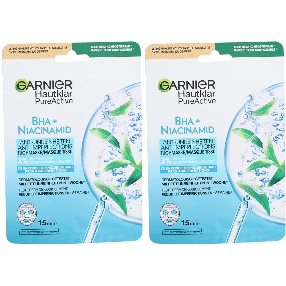 Zwei Garnier Hautklar PureActive Tuchmasken. Blaue Verpackung mit Produktinformationen und grünen Blättern. Enthält BHA + Niacinamid.