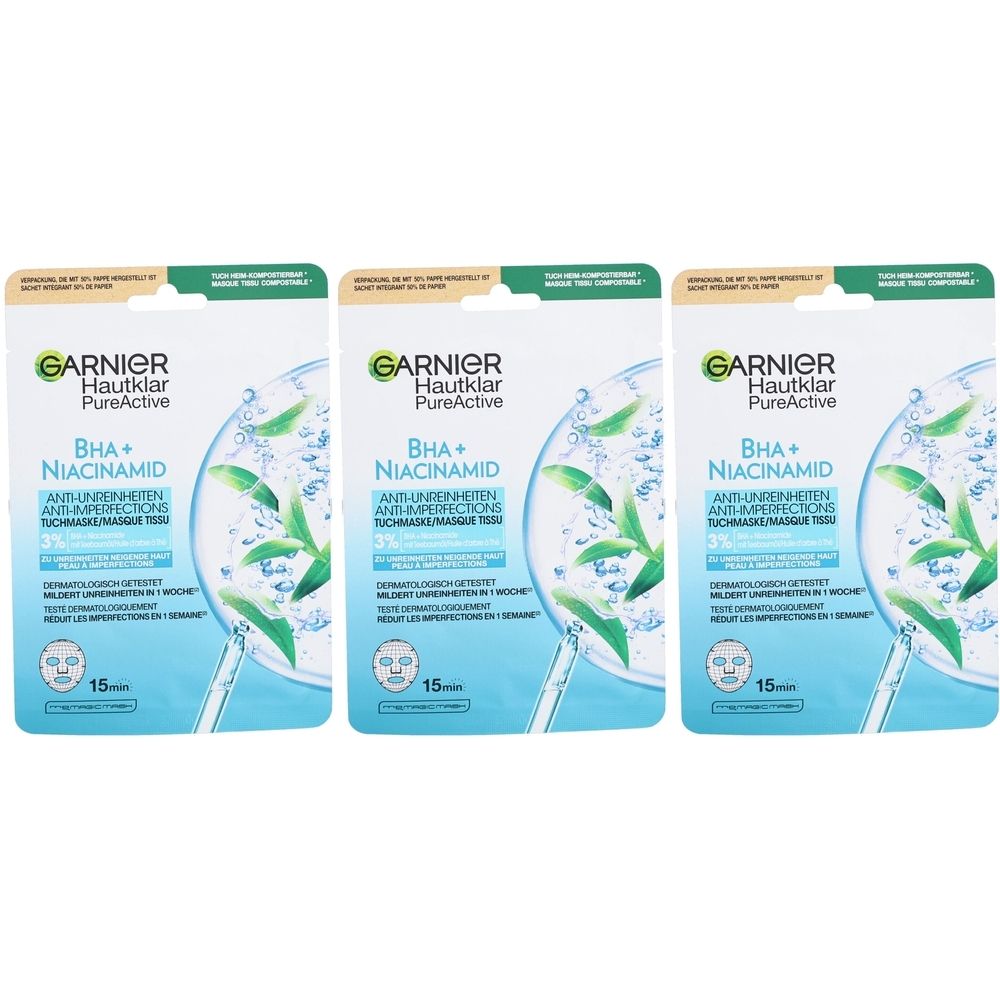 Drei Garnier Hautklar PureActive Tuchmasken. Blaue Verpackung mit Produktinformationen und dem Logo. Enthält BHA + Niacinamid.