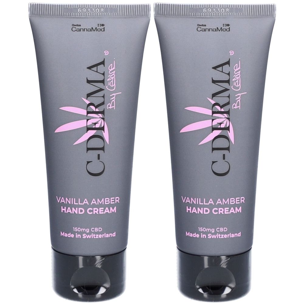 Zwei Tuben C-DERMA Handcreme. Graue Tuben mit rosa Logo und Schriftzug. Enthält 150mg CBD. Hergestellt in der Schweiz.