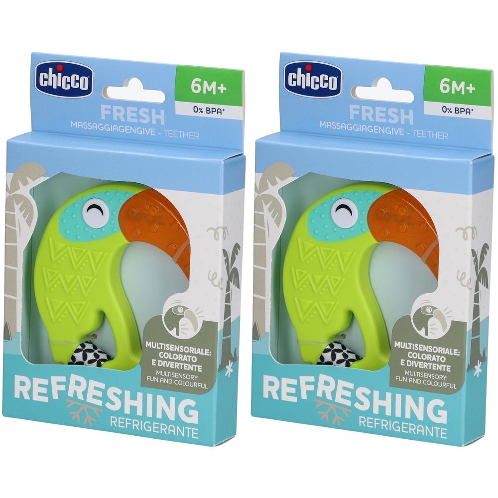 Zwei Chicco Beißringe in Form eines Tukan. Verpackt in blauen Kartons. Aufschrift: FRESH, 6M+, 0% BPA. Multisensorisch, farbenfroh.