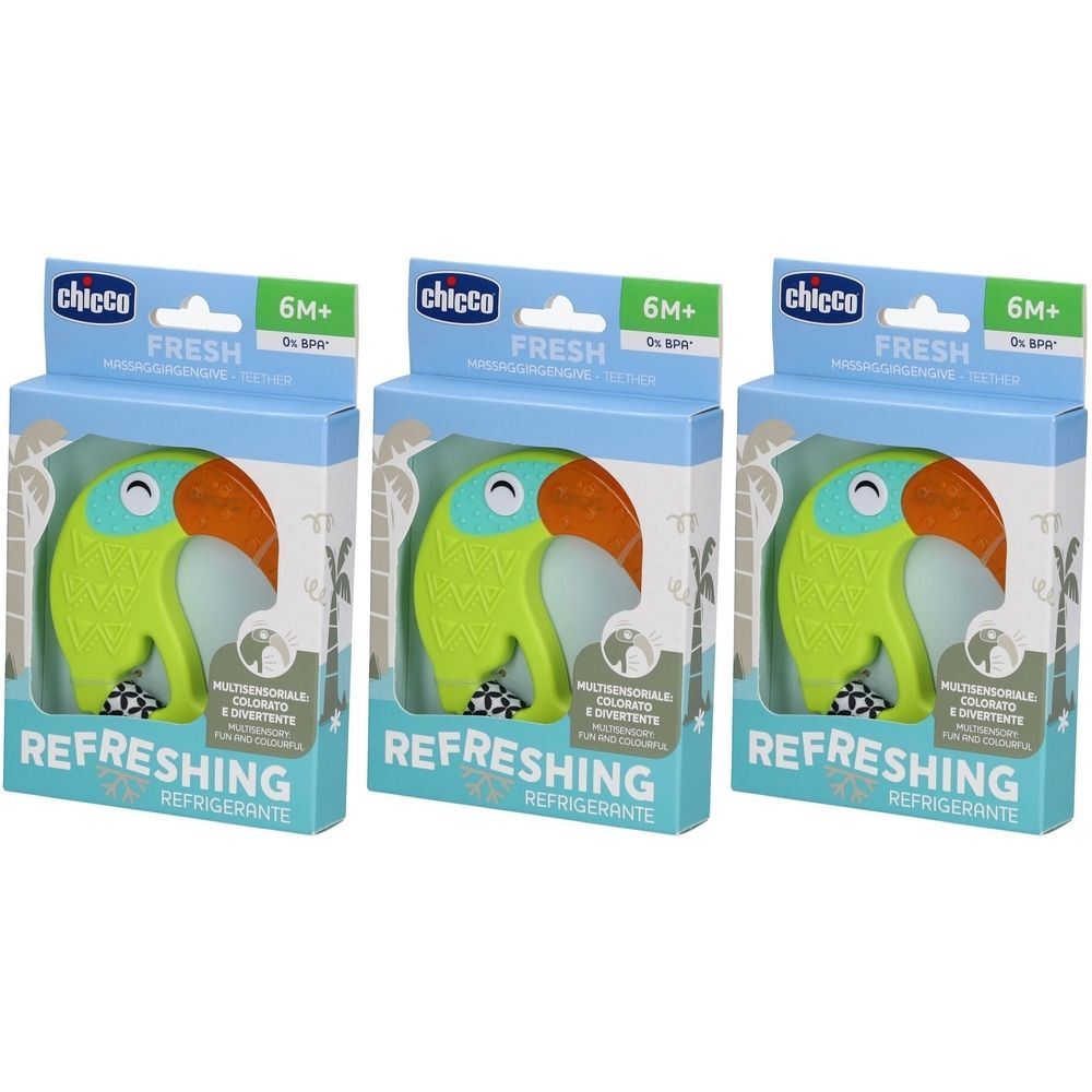 Drei CHICCO Beißring Tukan 6m+ in Verpackung. Grün, orange und blau. Aufschrift: FRESH, REFRESHING, 6M+.