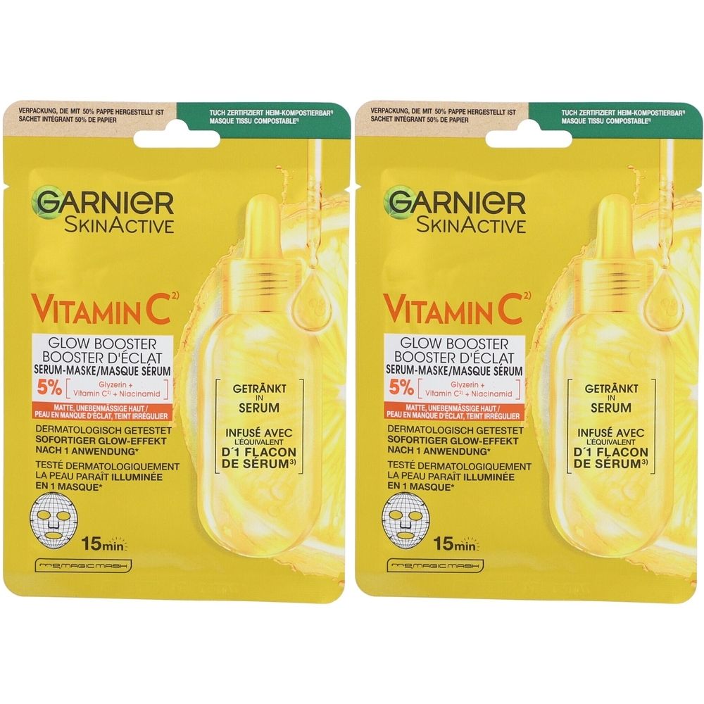 Zwei Garnier SkinActive Vitamin C Gesichtsmasken. Gelbe Verpackung mit Produktinformationen und Abbildung einer Serumflasche.