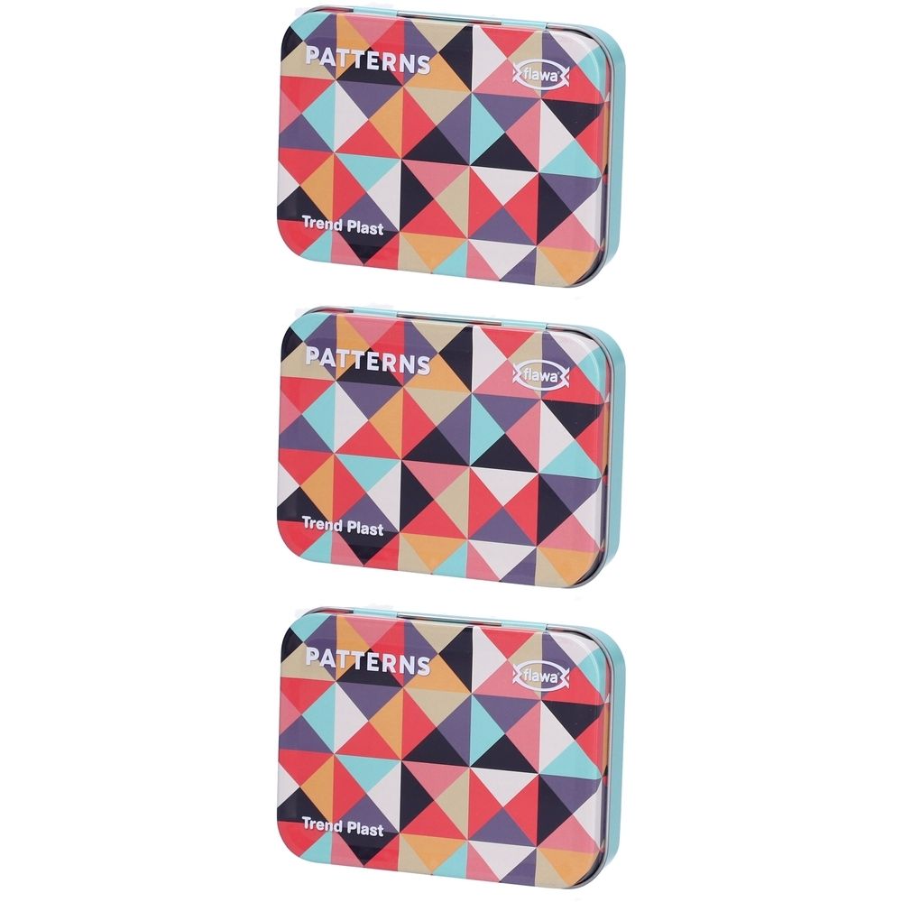 Drei rechteckige Metalldosen mit geometrischem Muster. Aufschrift "PATTERNS" und "Trend Plast". Logo "Flawa".