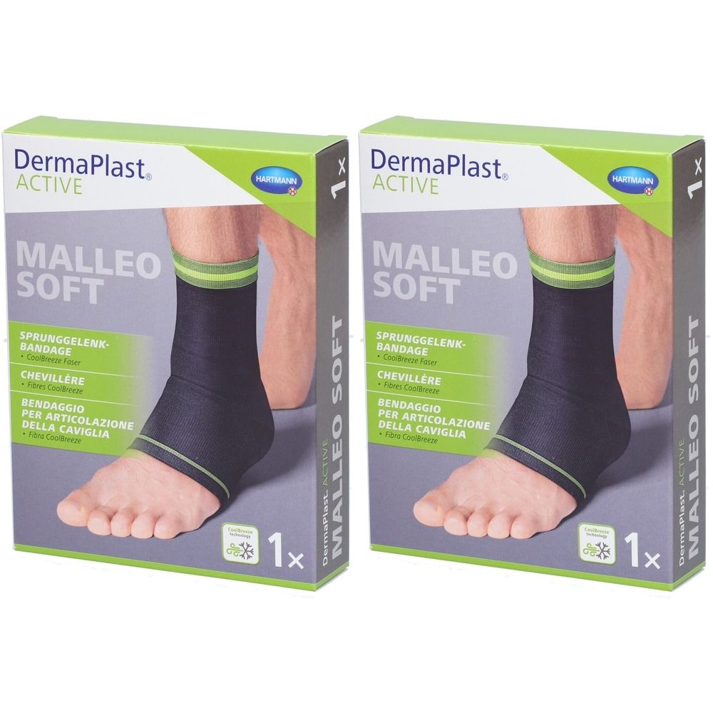 Deux boîtes de DERMAPLAST Active Malleo Soft. Bandage noir avec détails verts, illustration d'un pied avec bandage. 1 pièce.