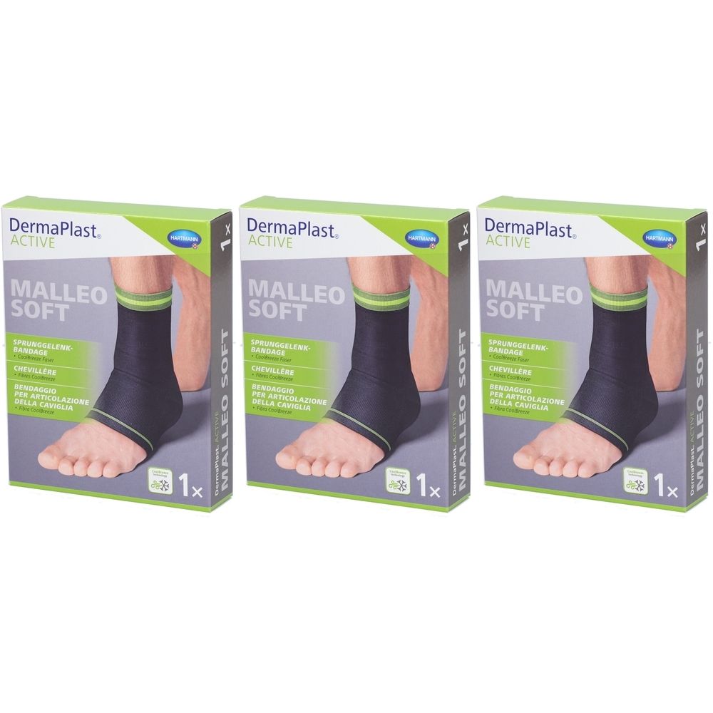Trois boîtes de DermaPlast Active Malleo Soft. Chaque boîte montre une chevillère noire sur une jambe. Texte: Malleo Soft.