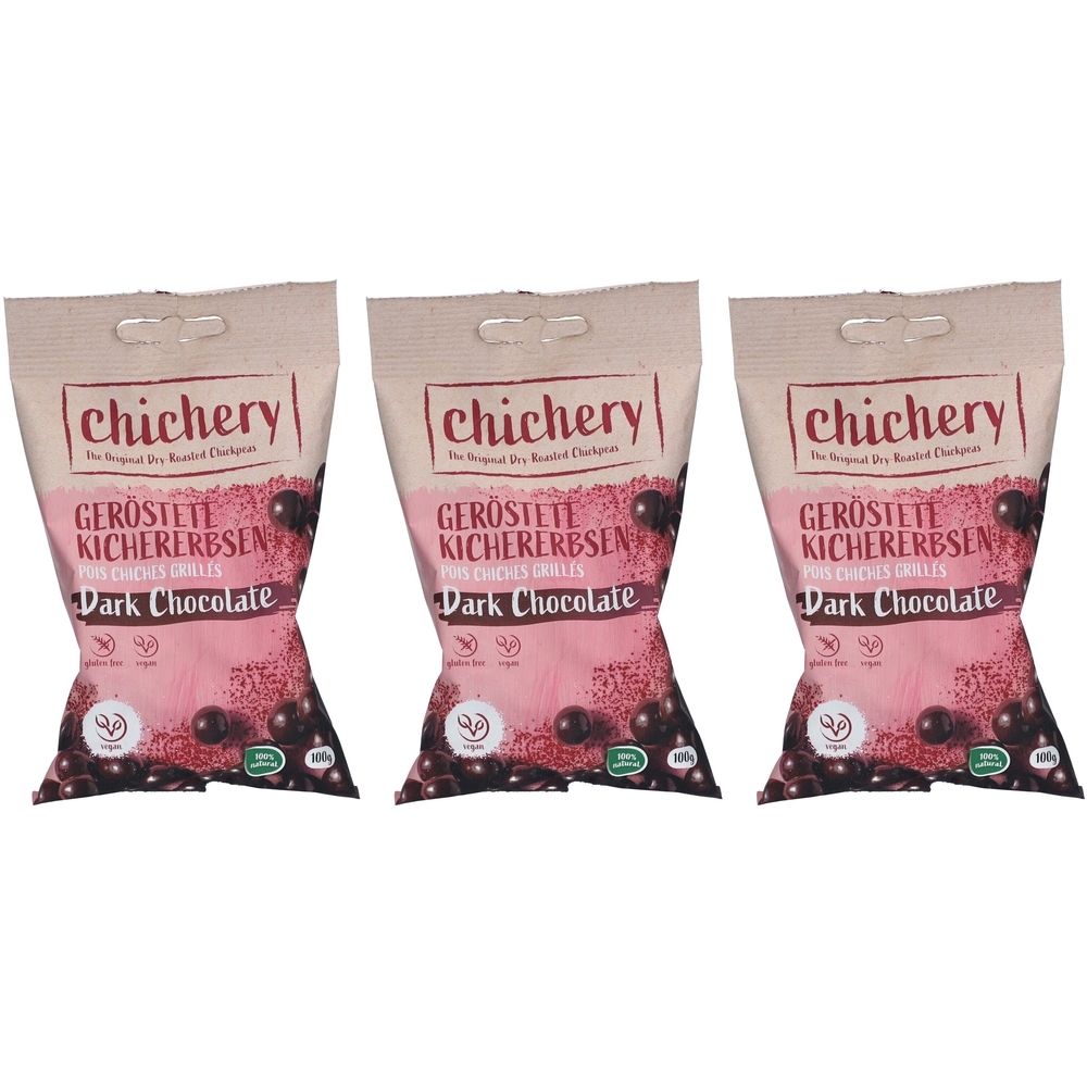 Trois sachets de pois chiches grillés au chocolat noir. Inscription : Chichery, Dark Chocolate, vegan.