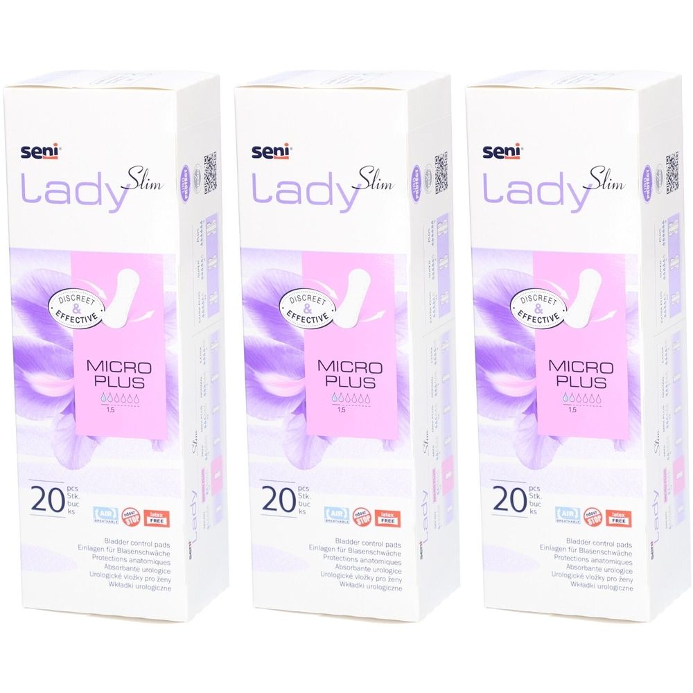 Drei Packungen Seni Lady Slim Micro Plus. Weiße Verpackung mit lila Akzenten. Produktname und Logo deutlich sichtbar.