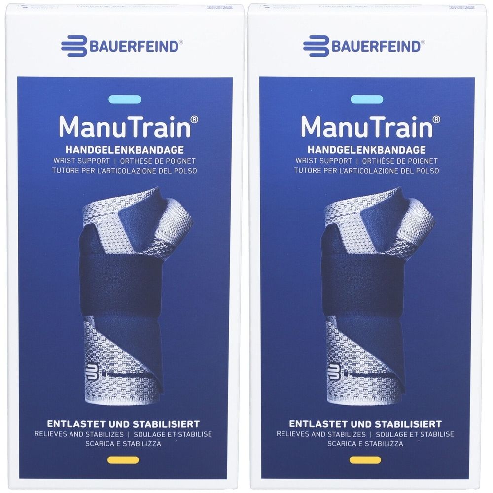 Deux emballages de bandage de poignet. Inscription: ManuTrain, orthèse de poignet, Bauerfeind. Soulage et stabilise.