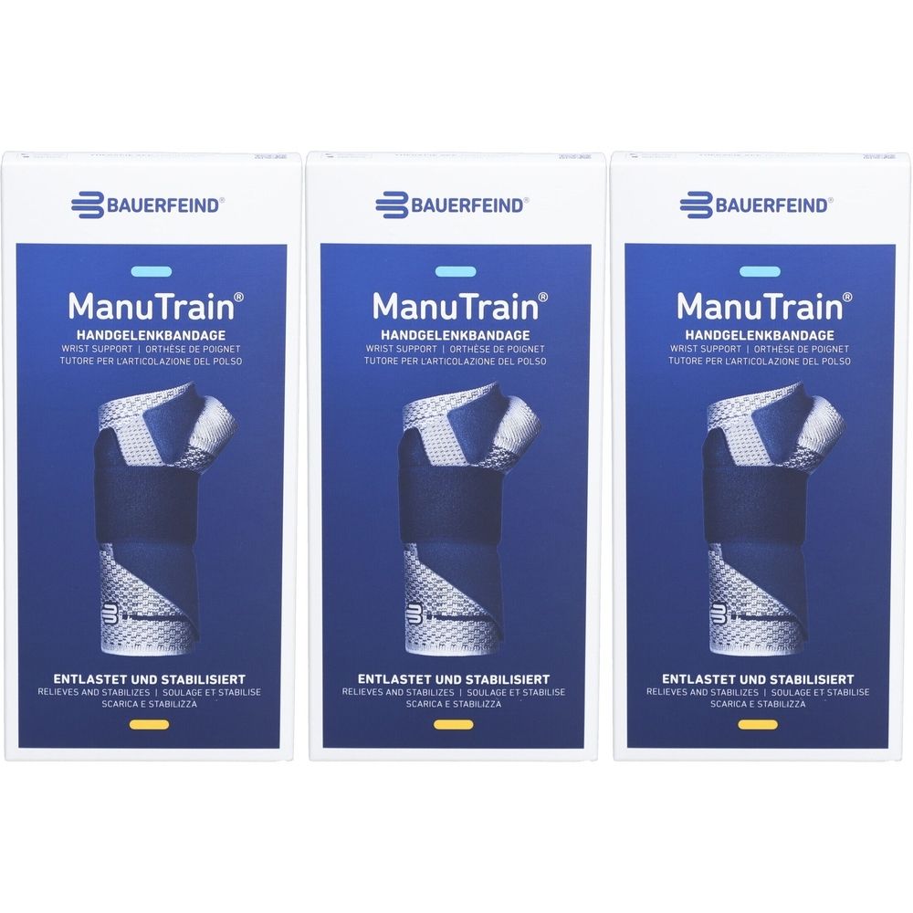 Drei Verpackungen der Handgelenkorthese ManuTrain von Bauerfeind. Blau-weißes Design, Produktabbildung. Schriftzug: ManuTrain, Handgelenkbandage.