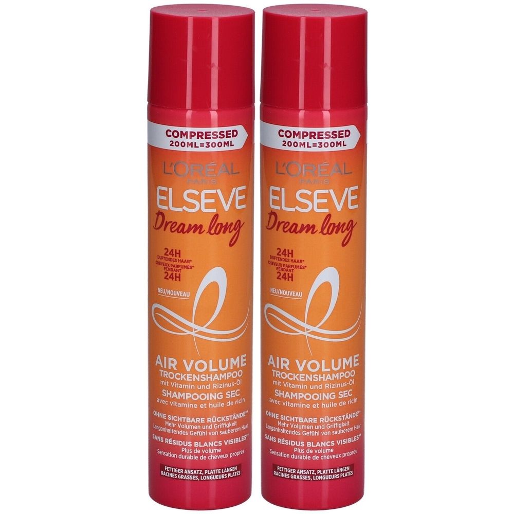 Deux flacons de shampooing sec L'Oréal Paris Elseve Dream Long Air Volume. Étiquettes orange, bouchons rouges. Texte : '24H'.