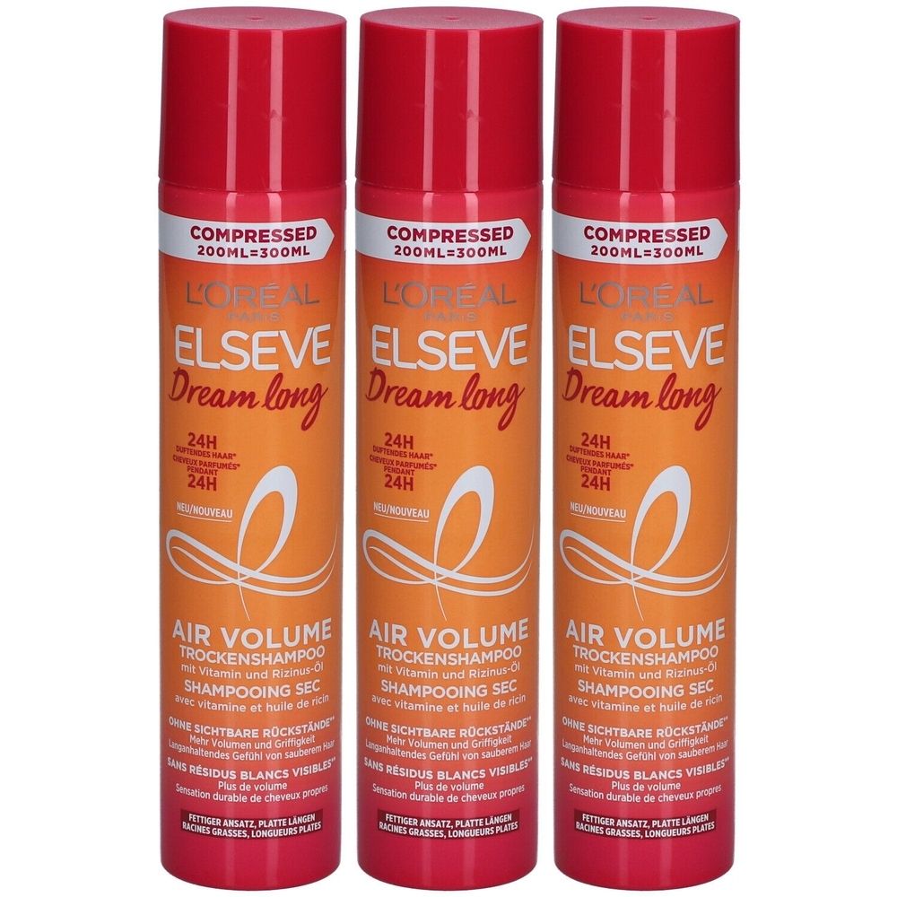 Drei Sprühflaschen L'Oréal Paris Elseve Dream Long Air Volume Trockenshampoo. Rote Kappen, orangefarbene Etiketten mit Schriftzug.