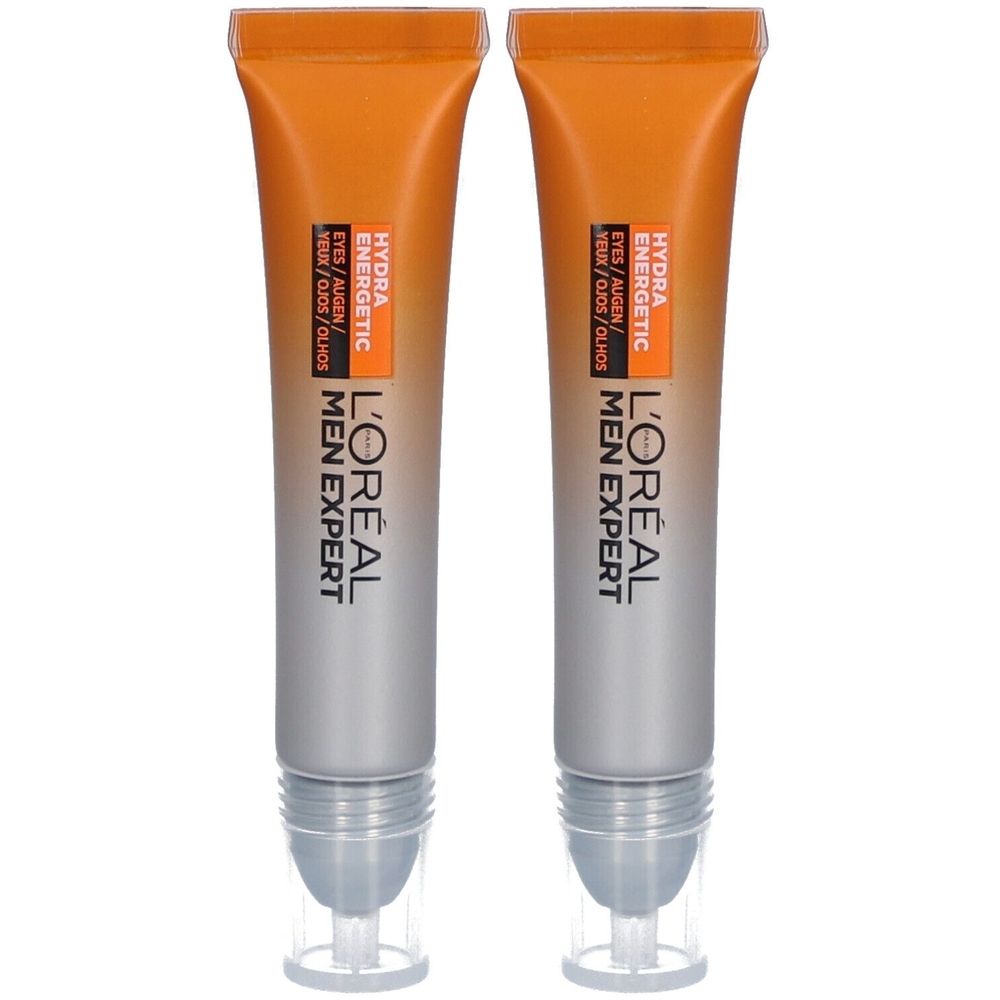 Zwei Tuben L'Oréal Men Expert Augencreme. Orange-graue Verpackung mit Roll-On-Applikator. Text: Hydra Energetic.