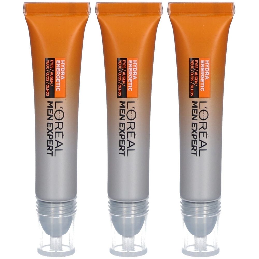 Drei Tuben L'Oréal Men Expert Roll-On Yeux Anti-Fatigue. Orange-graue Tuben mit Roll-On-Applikator. Text: Hydra Energetic, Augen.