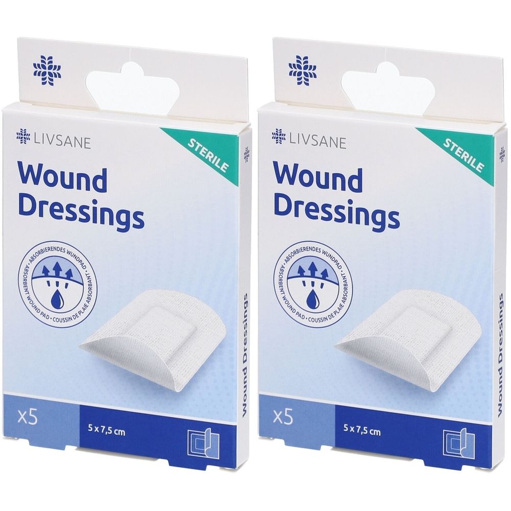 Deux boîtes de pansements LIVSANE. Inscription : Pansements, stérile, 5 pièces, 5 x 7,5 cm. Pansements blancs sur l'emballage.