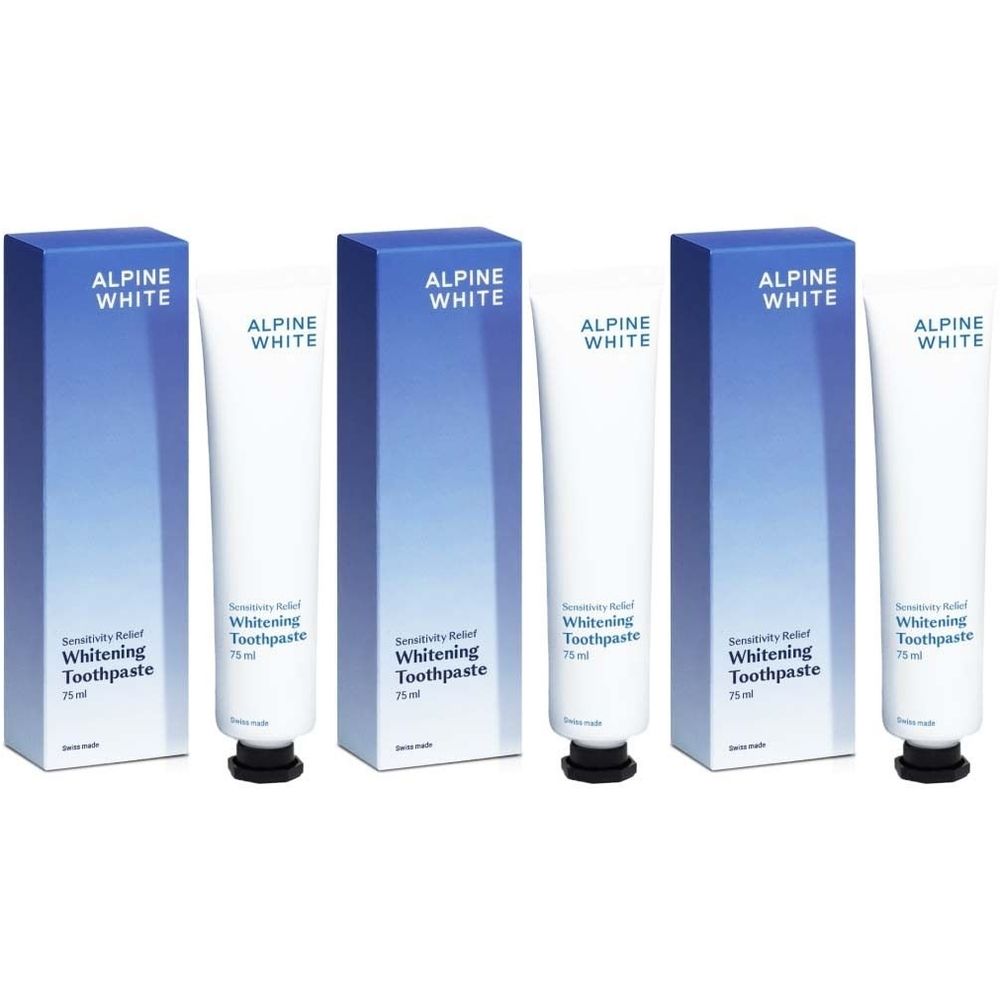 Zahnpasta-Tuben und Schachteln. Aufschrift: ALPINE WHITE, Whitening Toothpaste, Sensitivity Relief. Mehrere Packungen.
