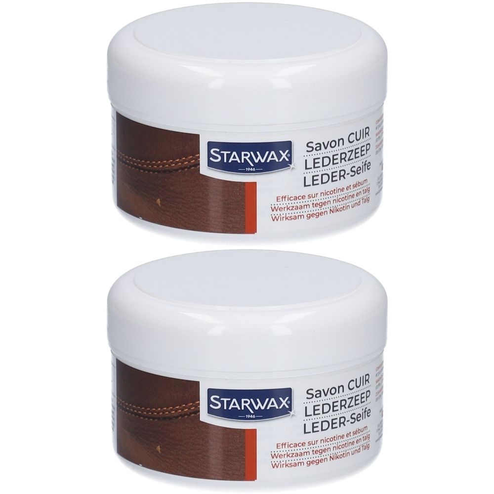 Deux pots blancs avec couvercles. Étiquette marron avec logo STARWAX et nom du produit. Texte: Savon CUIR, LEDERZEEP, LEDER-Seife. Efficace sur nicotine.