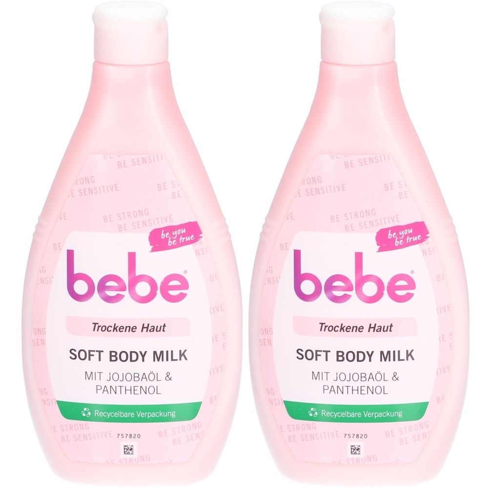 Zwei rosa Flaschen bebe® Soft Body Milk. Aufschrift: Trockene Haut, Soft Body Milk, mit Jojobaöl & Panthenol. Recycelbare Verpackung.