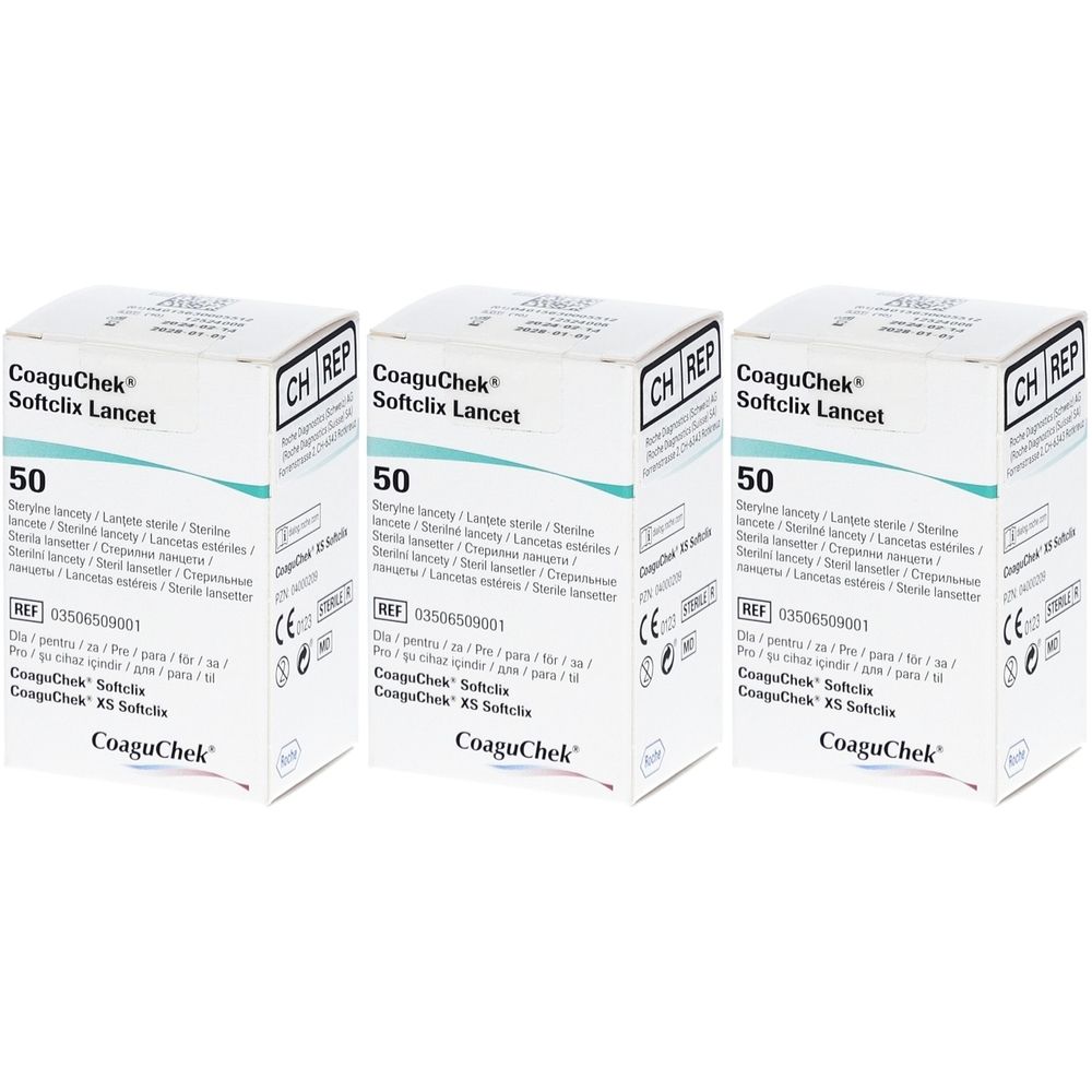 Trois boîtes de lancettes CoaguChek Softclix. Chaque boîte contient 50 lancettes. Logos de marque et informations produit imprimés sur chaque boîte.